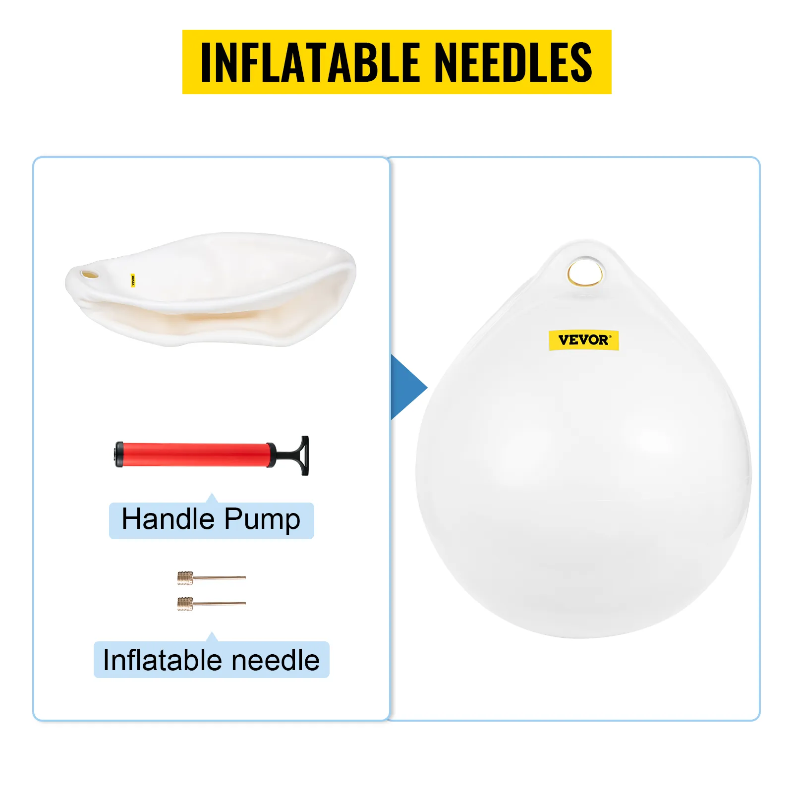 inflatable handle pump and needles with a white VEVOR boat buoy.