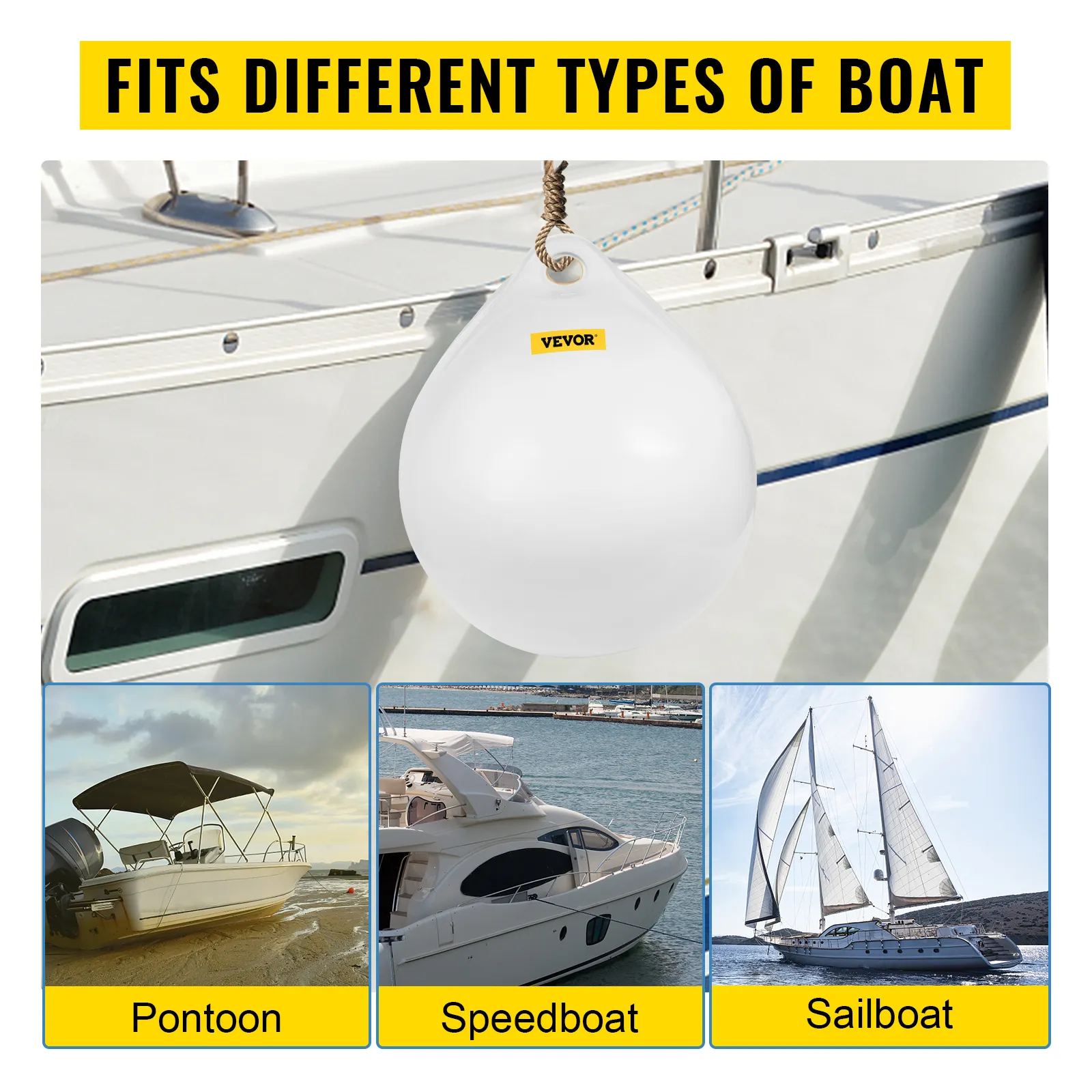 VEVOR boat buoy fitting on boat, suitable for pontoon, speedboat, and sailboat.