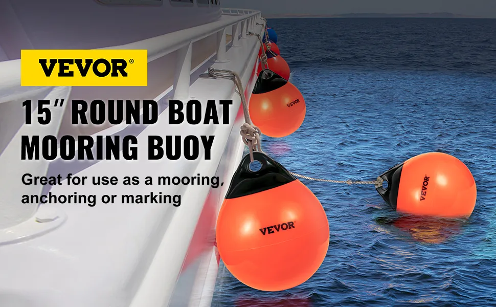 VEVOR boat buoy balls floating near a boat, perfect for mooring, anchoring, and marking.
