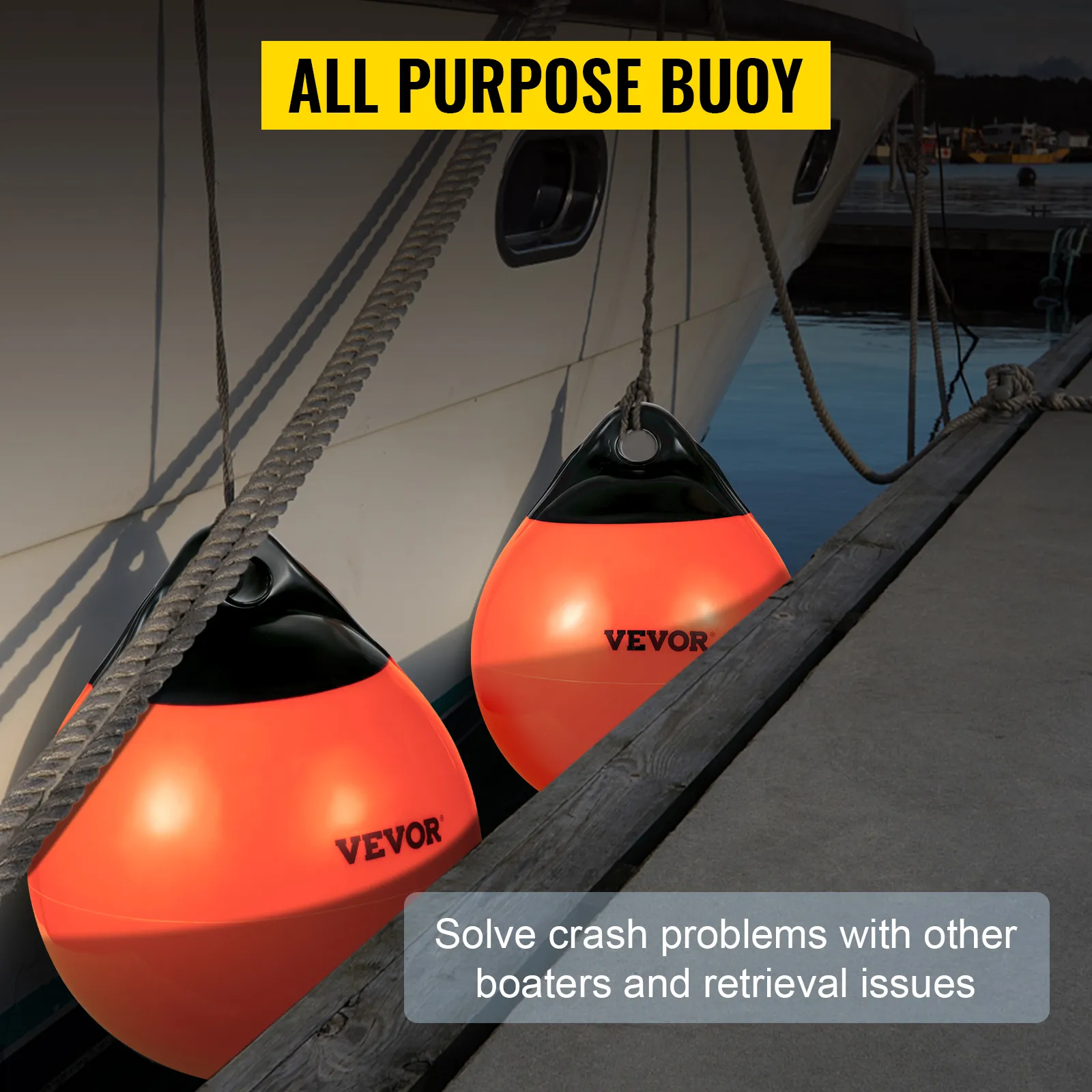 VEVOR boat buoy balls securing a boat docked at a pier, solving crash problems with other boats.