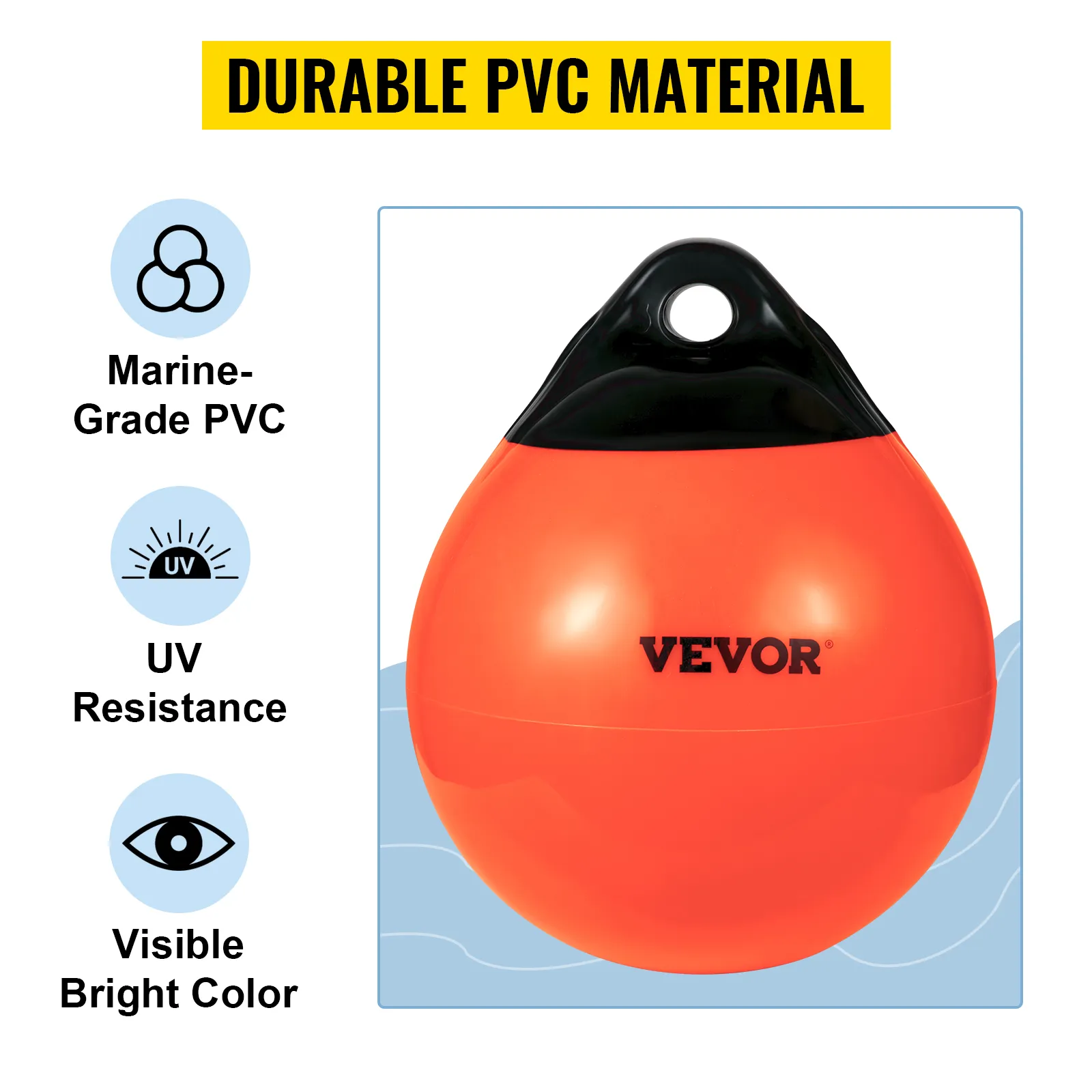 VEVOR boat buoy balls made of marine-grade pvc, uv-resistant, visible bright orange color.
