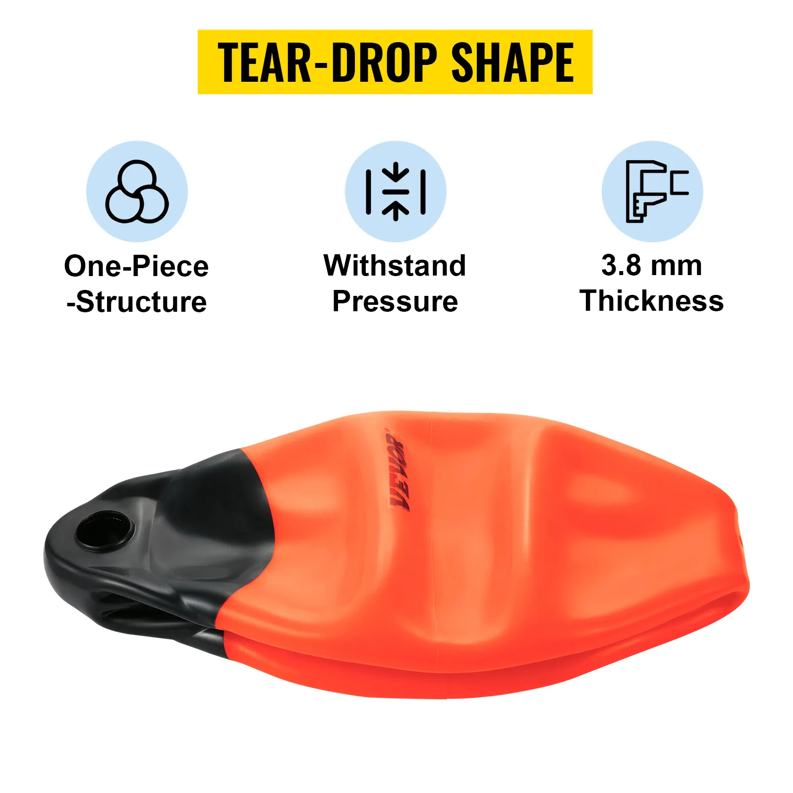 VEVOR boat buoy balls, tear-drop shape, one-piece structure, withstands pressure, 3.8 mm thickness.
