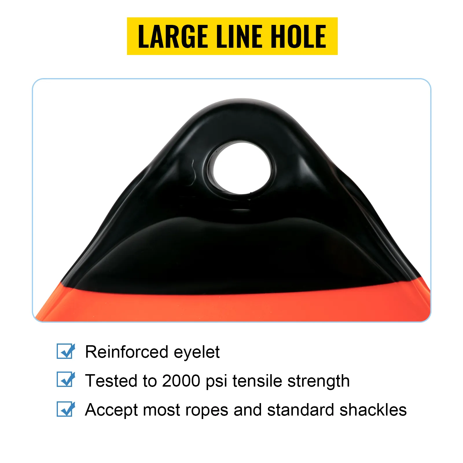 VEVOR boat buoy balls with large reinforced eyelet, tested to 2000 psi, accepts most ropes and shackles.