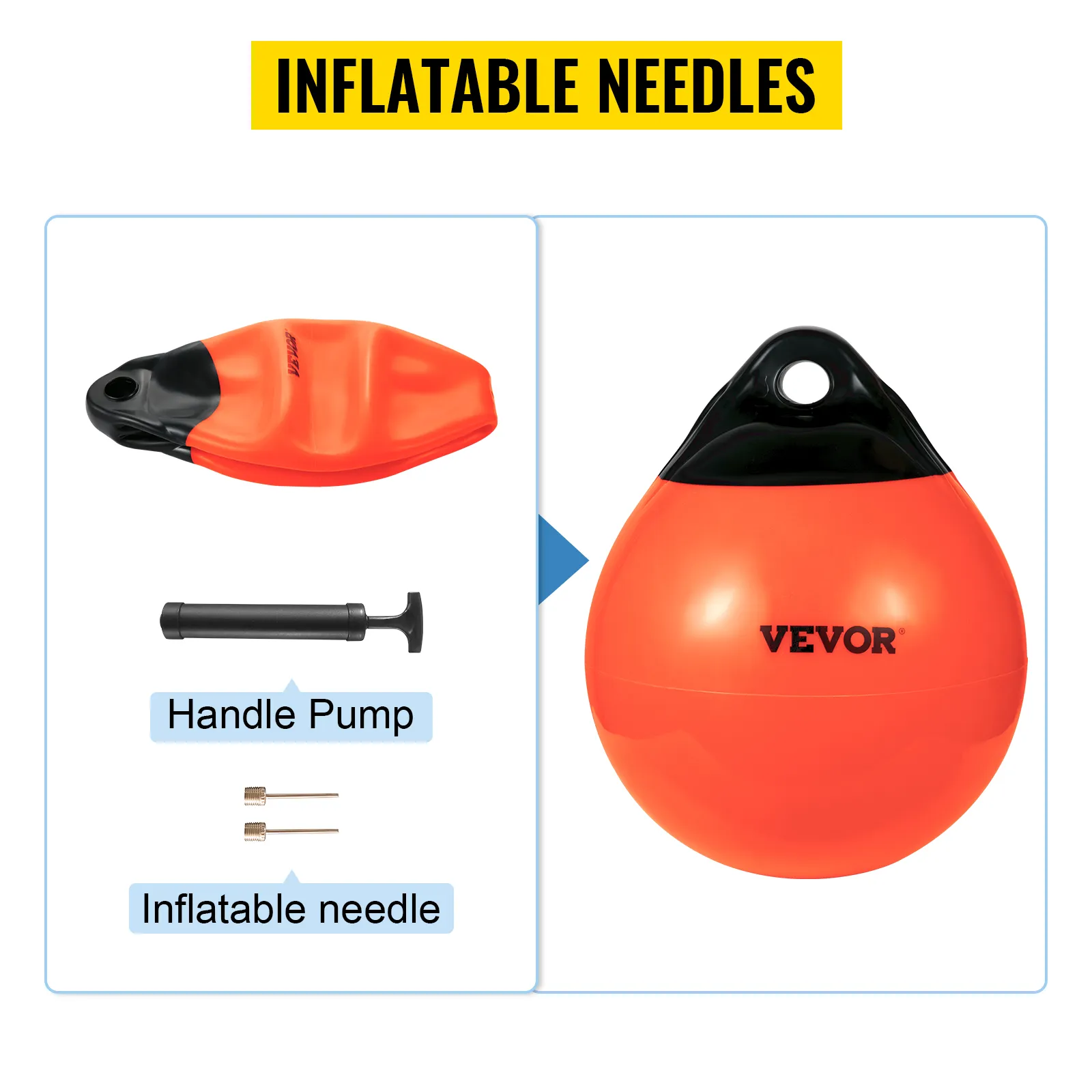 VEVOR boat buoy balls with handle pump and inflatable needle, bright orange color, easy inflation.