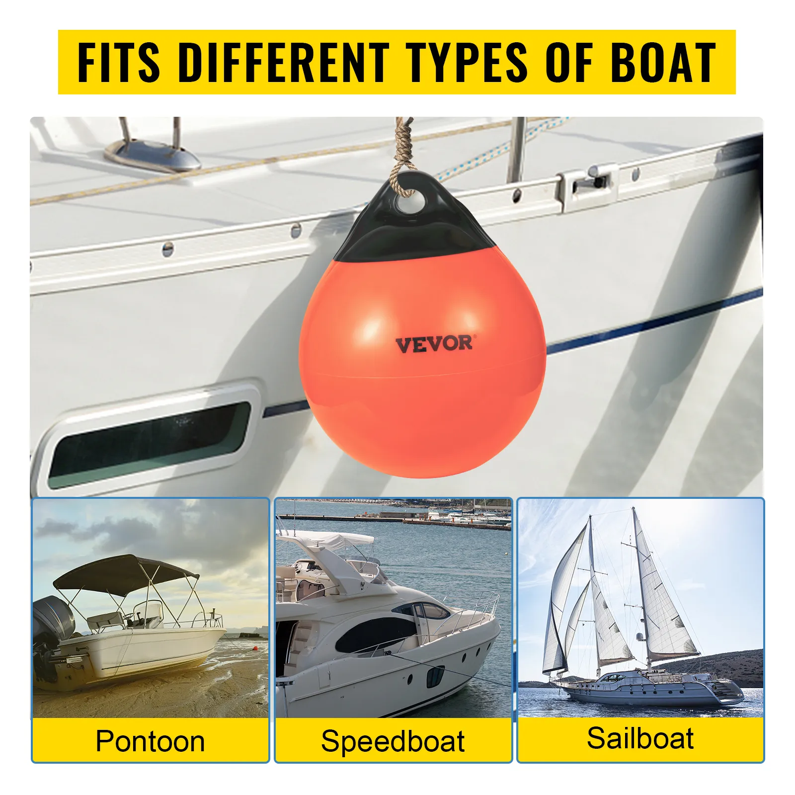 VEVOR boat buoy balls on boat with text "fits different types of boat" and images of a pontoon, speedboat, and sailboat.