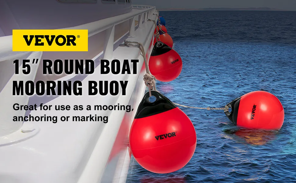 VEVOR boat buoy balls floating beside a boat, used for mooring, anchoring, or marking on the water.