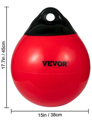 red VEVOR boat buoy ball with black top shown with dimensions: 17.7in/45cm height, 15in/38cm diameter.