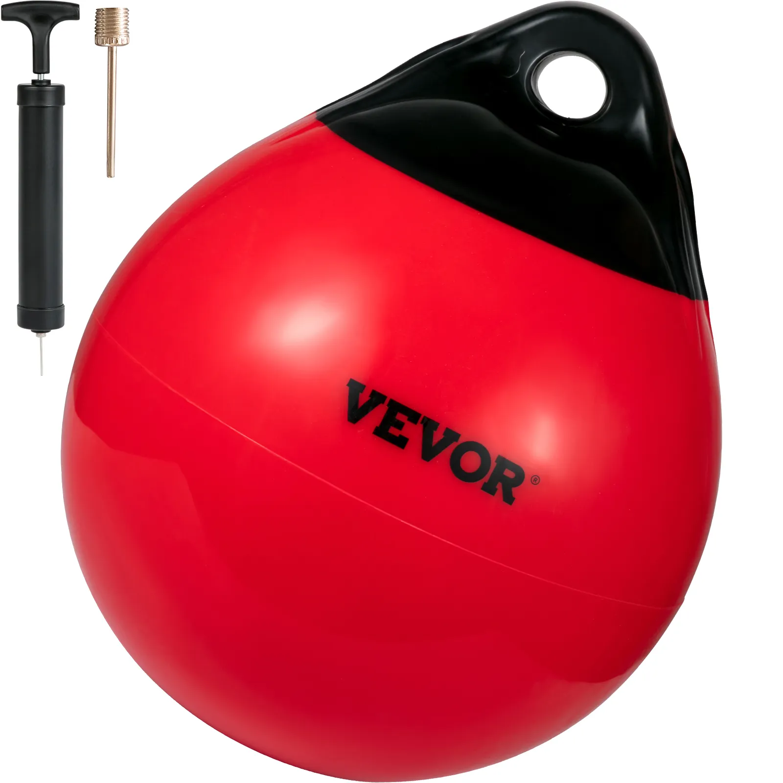 red VEVOR boat buoy ball with black top, inflation pump, and needle included.