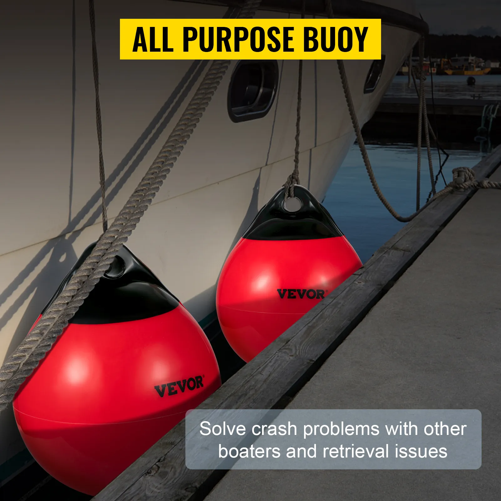 VEVOR boat buoy balls attached to a dock, preventing boat collisions.