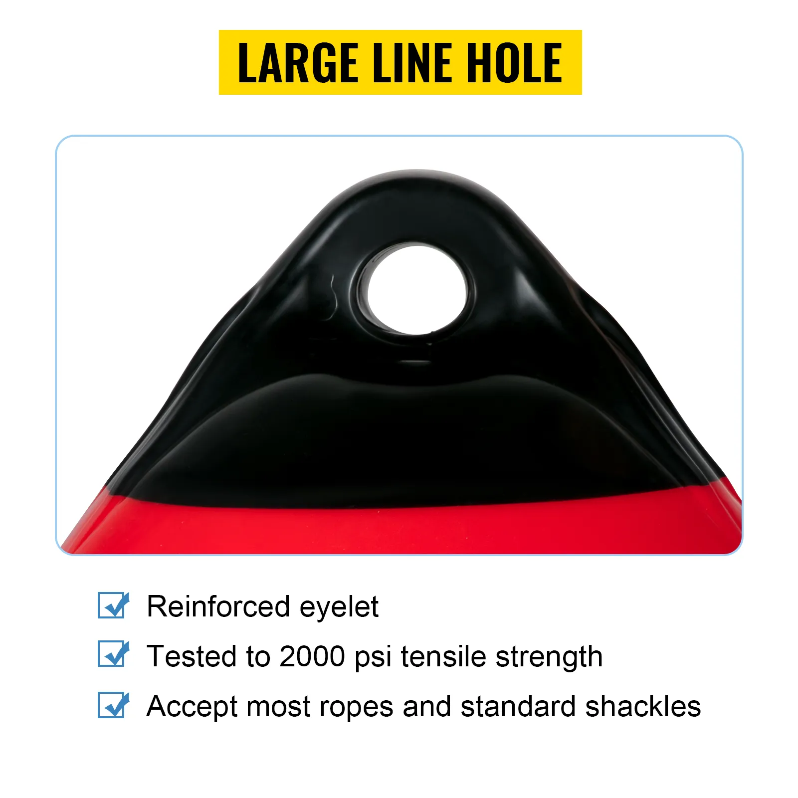 VEVOR boat buoy balls with large line hole, reinforced eyelet, and 2000 psi tensile strength.