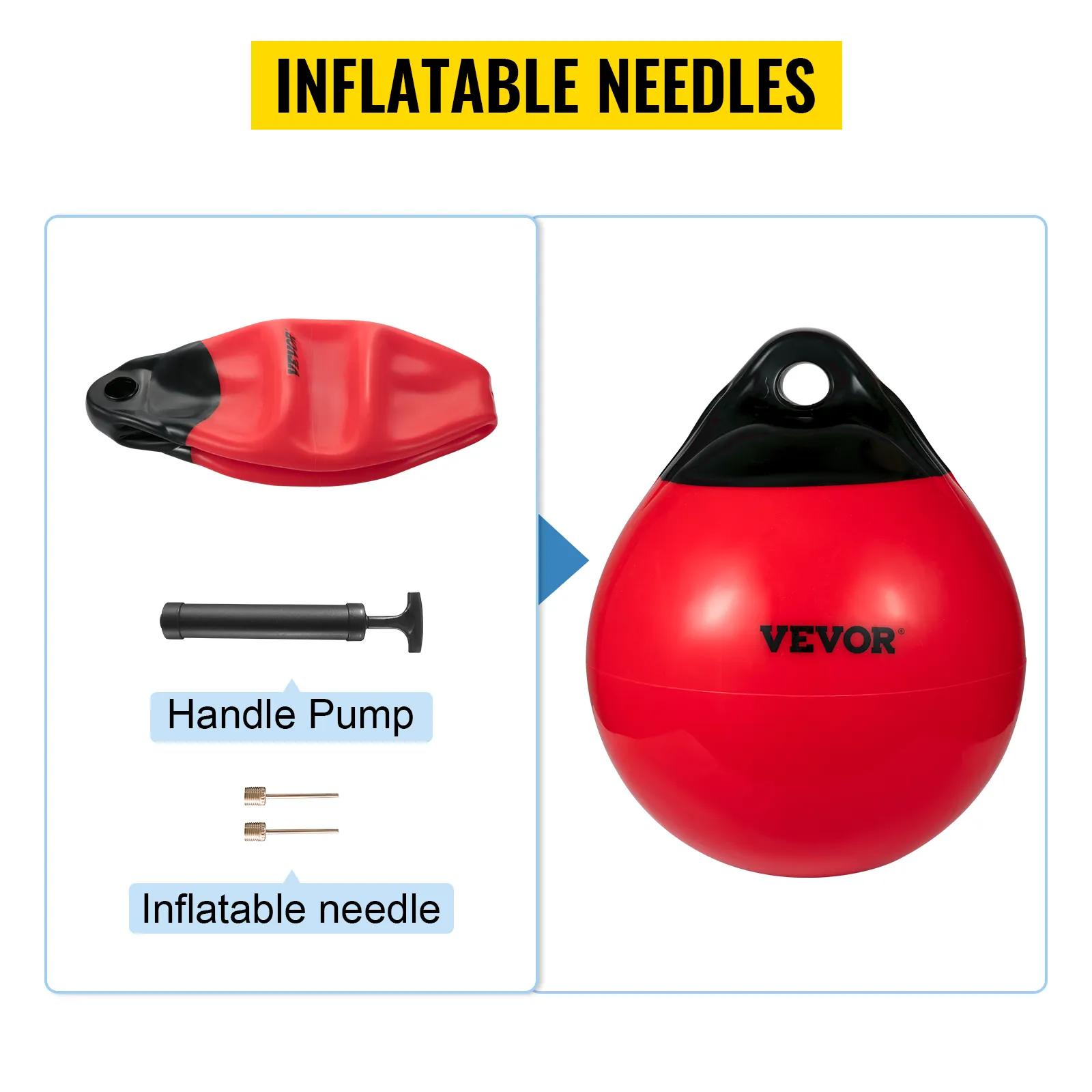 VEVOR boat buoy balls with handle pump and inflatable needle, red and black design.