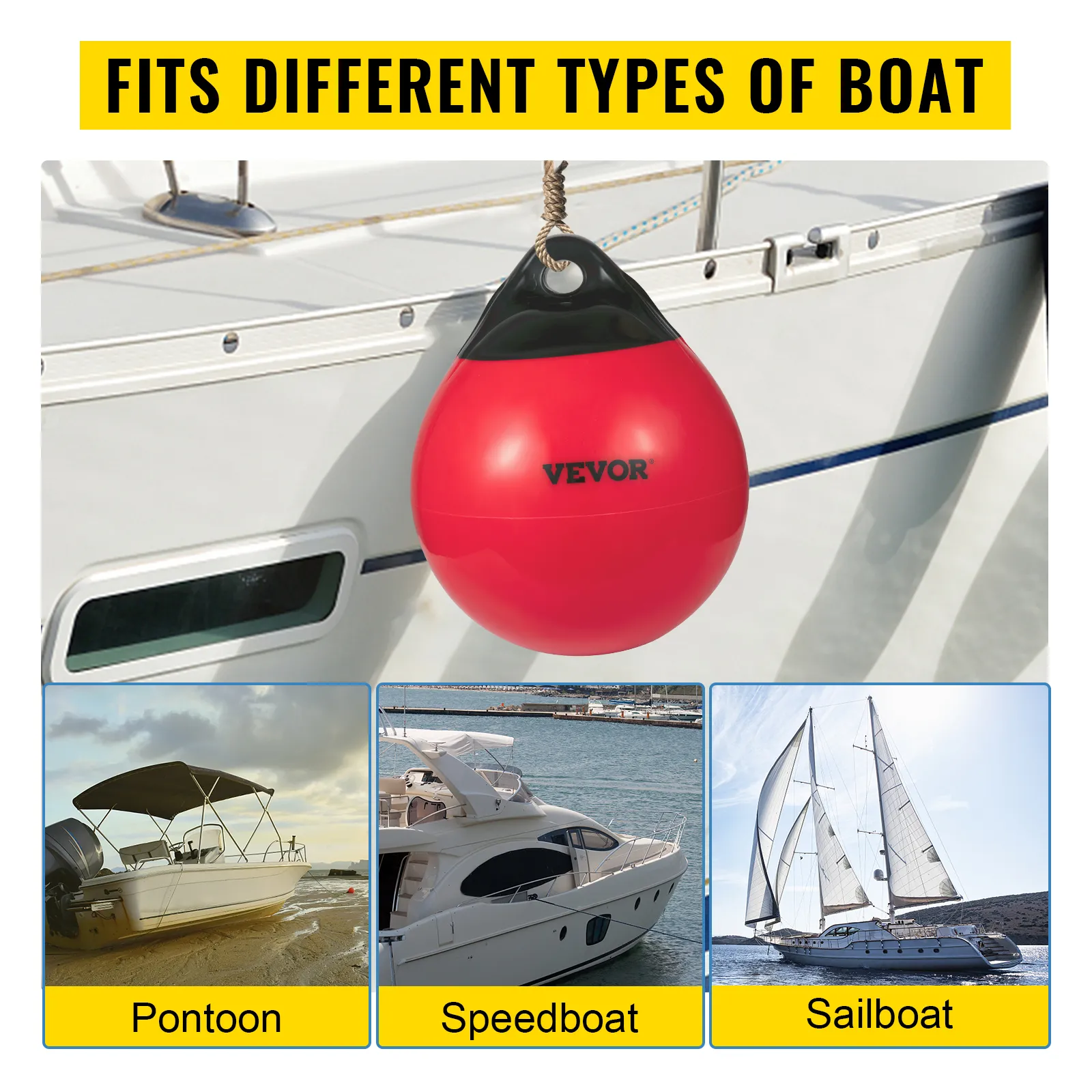 red VEVOR boat buoy ball attached to a boat, suitable for pontoon, speedboat, and sailboat.