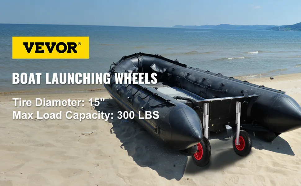 VEVOR boat launching wheels on inflatable boat at sandy beach, 15" tires, 300 lbs capacity.