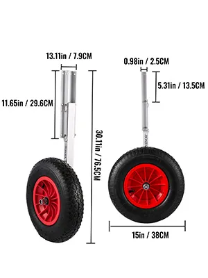 VEVOR boat launching wheels with dimensions, featuring sturdy red wheels and metal frame.