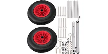 VEVOR boat launching wheels with red tires and mounting hardware laid out.