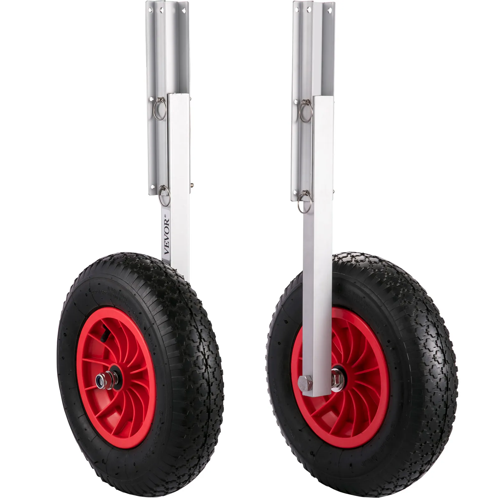 VEVOR boat launching wheels with red tires and stainless steel brackets.