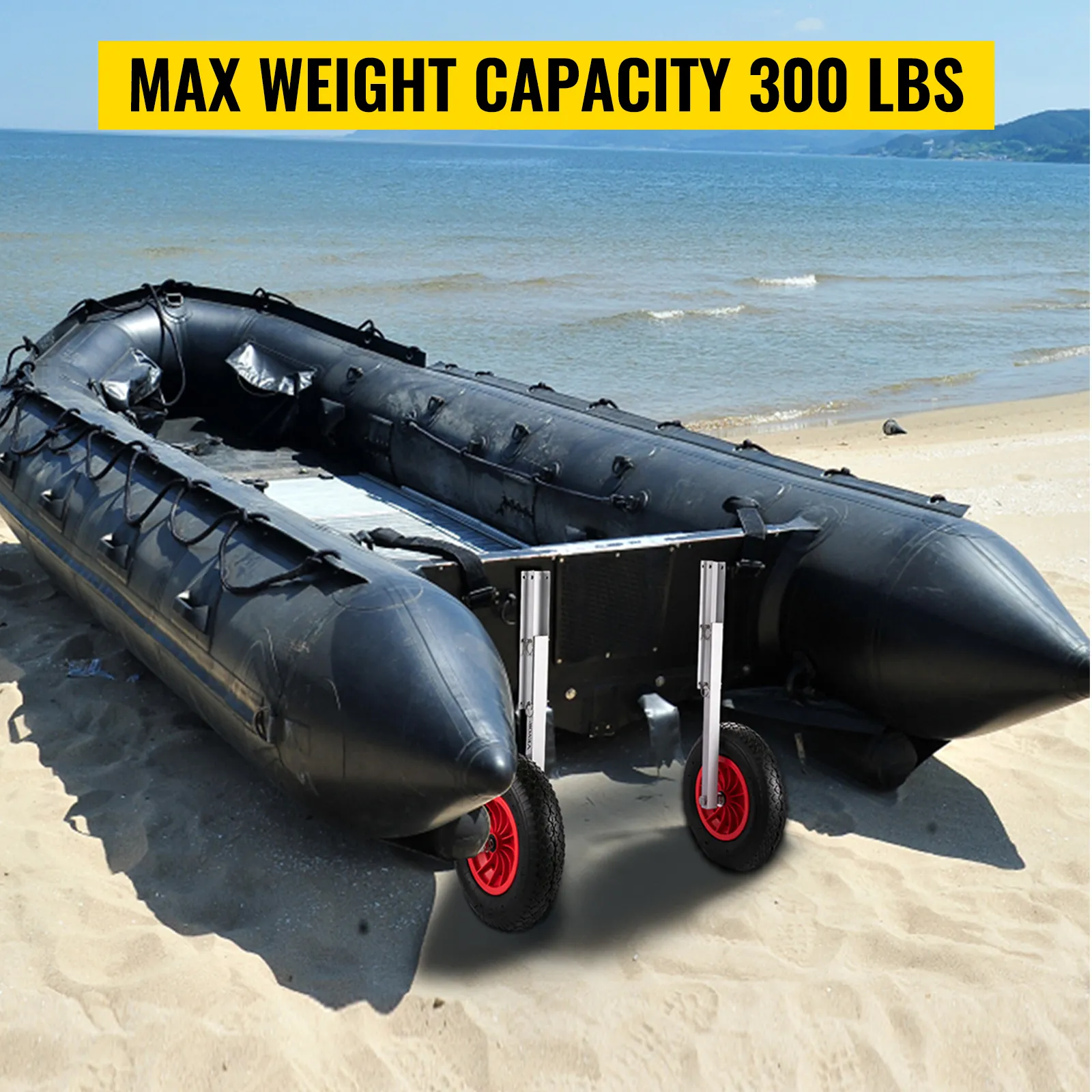 black inflatable boat on sandy beach with VEVOR boat launching wheels, max weight 300 lbs.