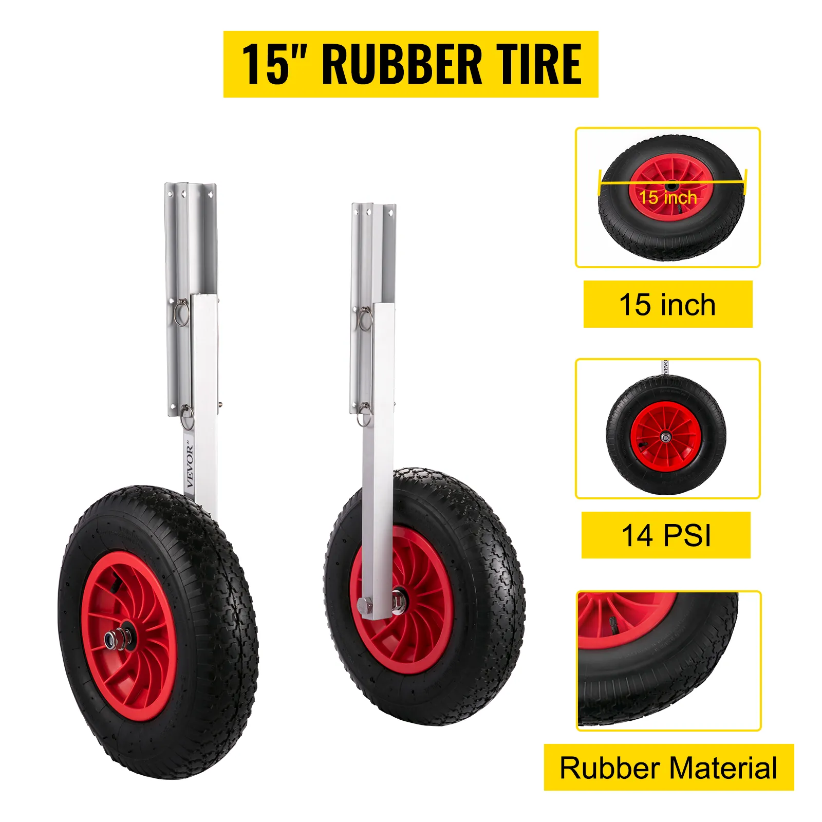 VEVOR boat launching wheels, 15" rubber tires, 14 psi.