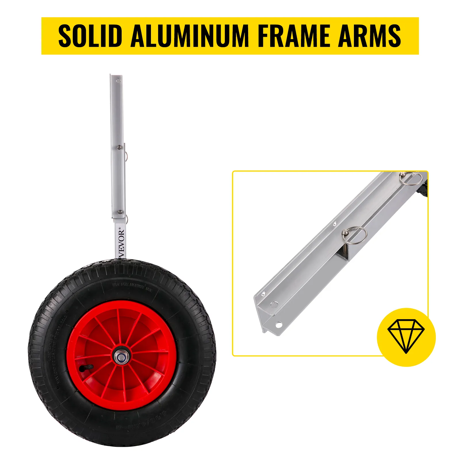 VEVOR boat launching wheels with solid aluminum frame arms and red wheels.