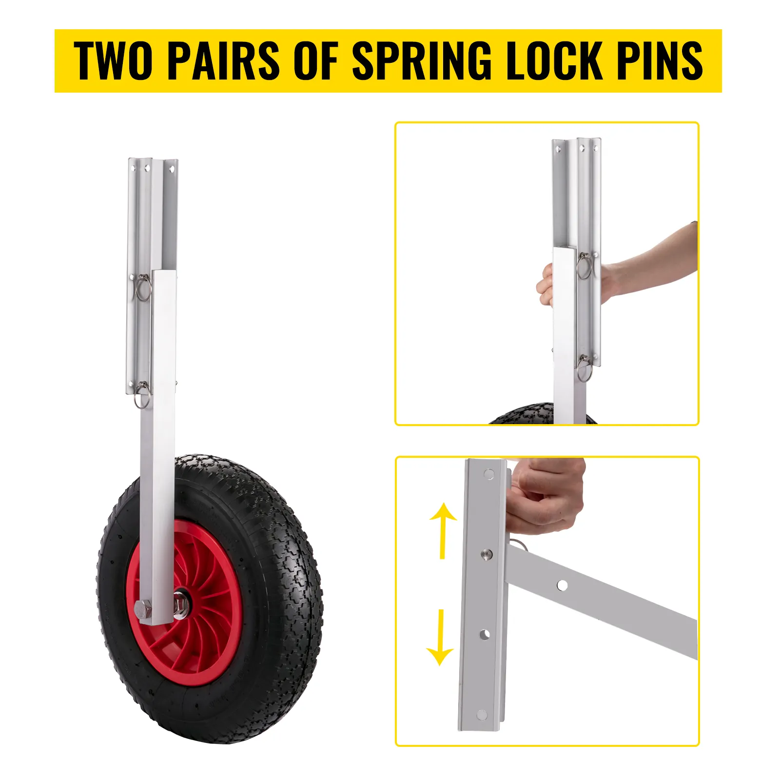 VEVOR boat launching wheels feature spring lock pins for easy adjustment.