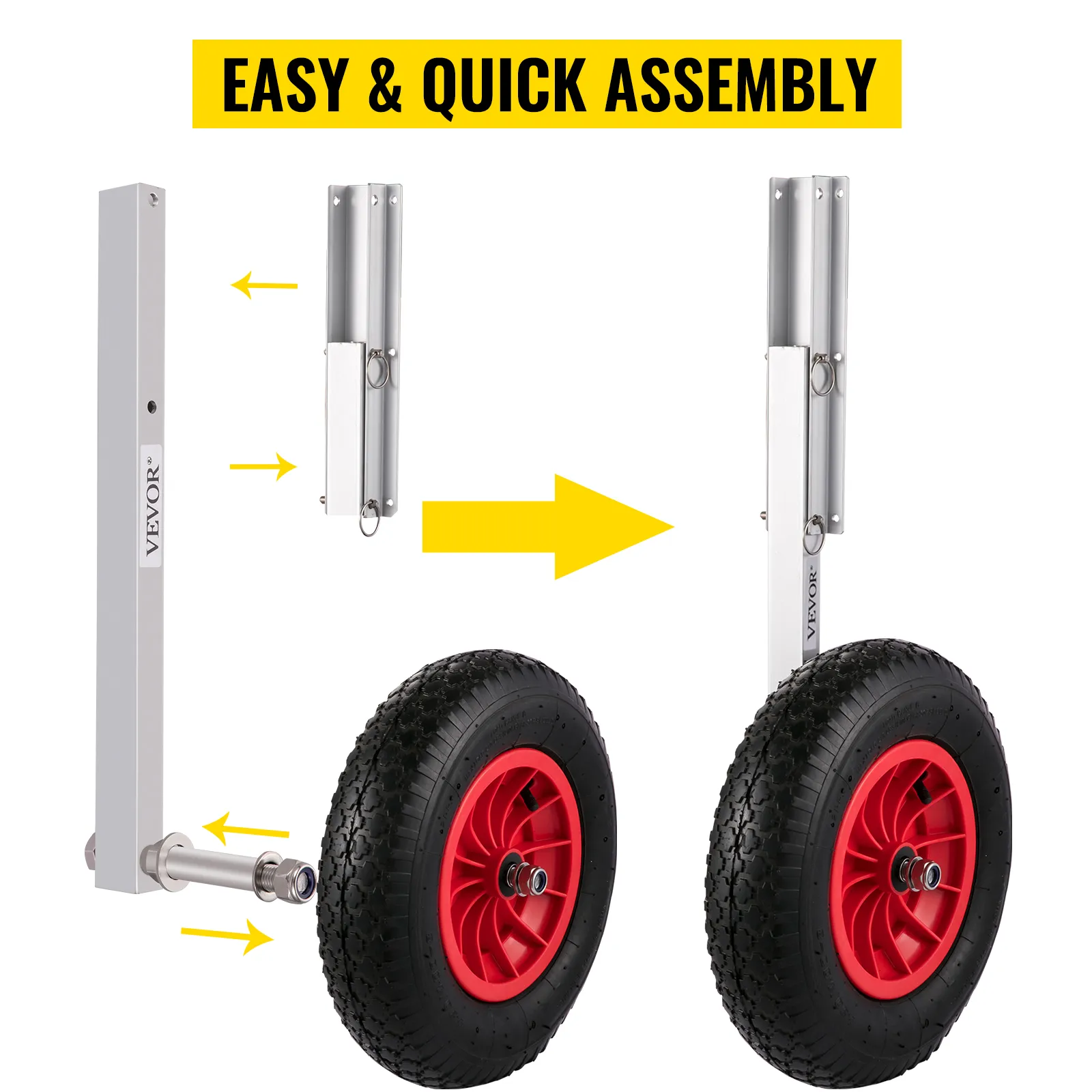 easy and quick assembly of VEVOR boat launching wheels with detailed arrows.