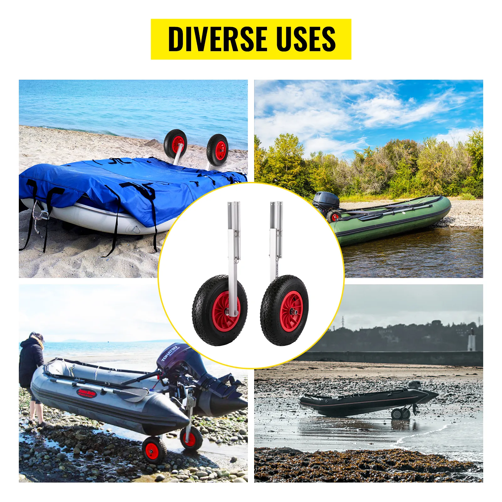 VEVOR boat launching wheels for diverse uses, showing boats in various environments.