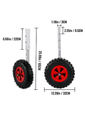 VEVOR bootlanceringswielen met rode velgen en afmetingen aangegeven