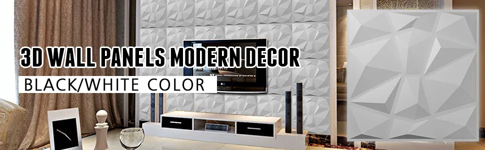 Paneles de pared 3D VEVOR en una sala de estar moderna con diseño geométrico y color blanco y negro.