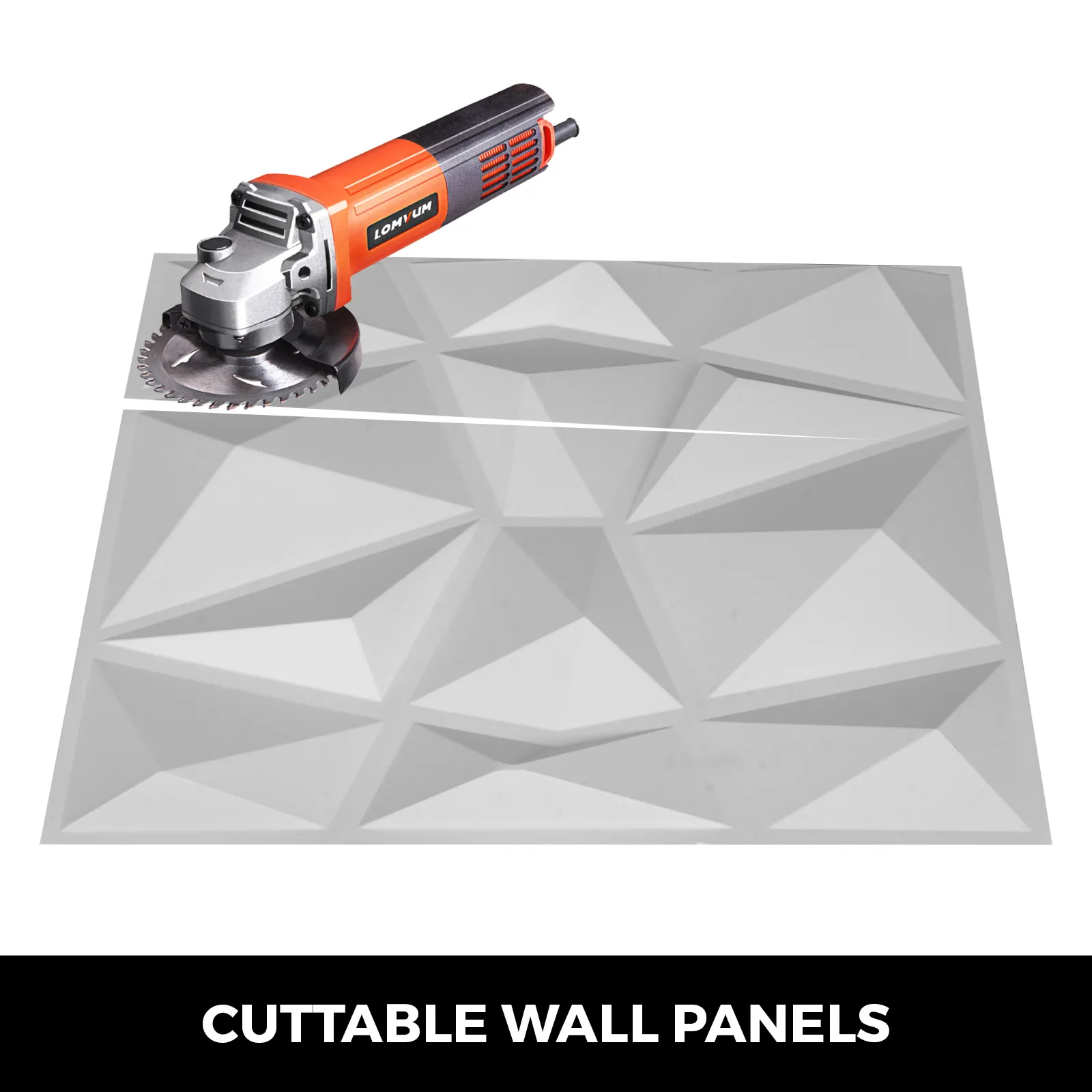 Sierra lomvum cortando paneles de pared VEVOR 3d con patrones geométricos.