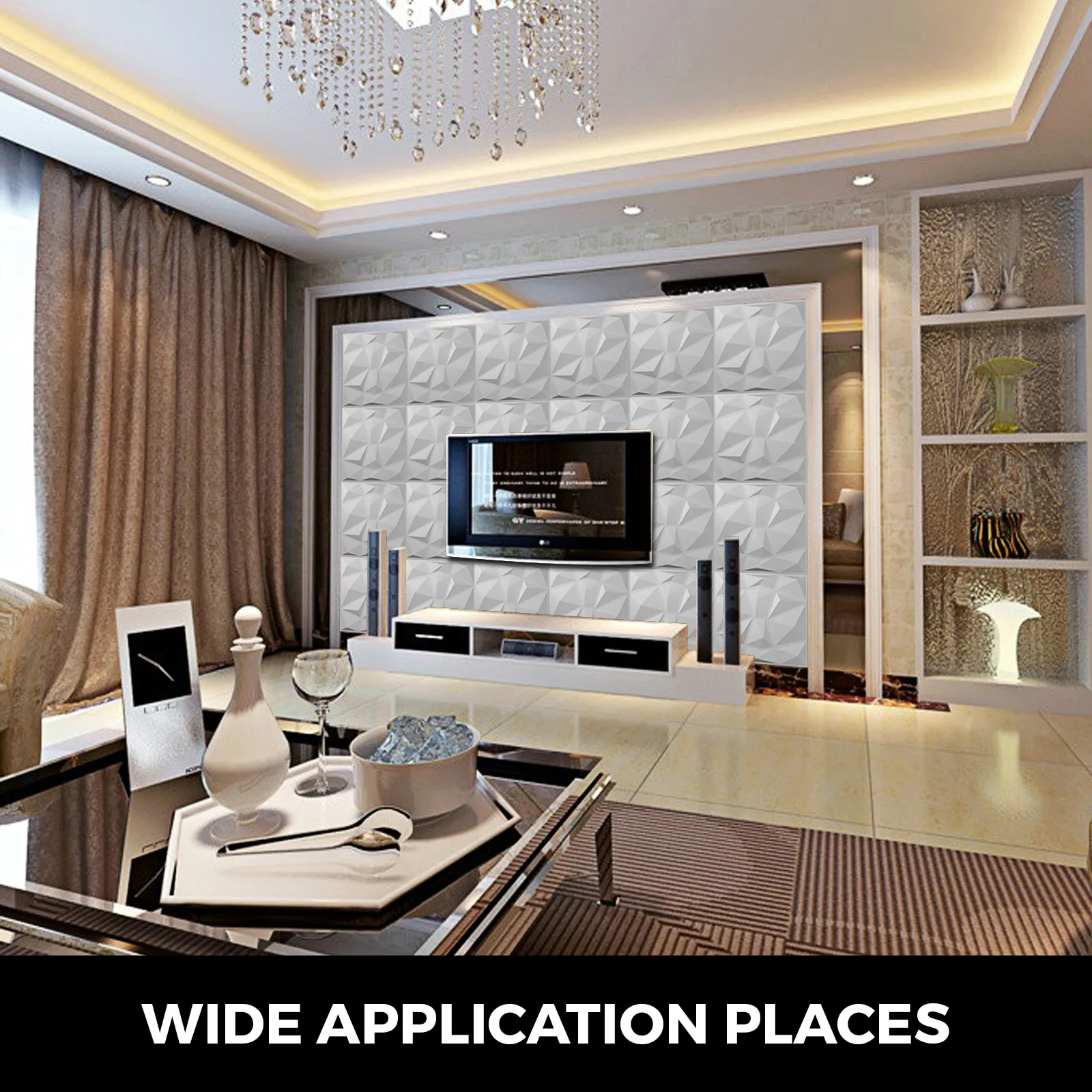 Sala de estar moderna con paneles de pared 3D VEVOR detrás de un televisor y una decoración elegante.