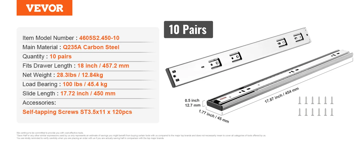 VEVOR 18 inch drawer slides, 10 pairs, q235a carbon steel, 100 lbs load, self-tapping screws included.