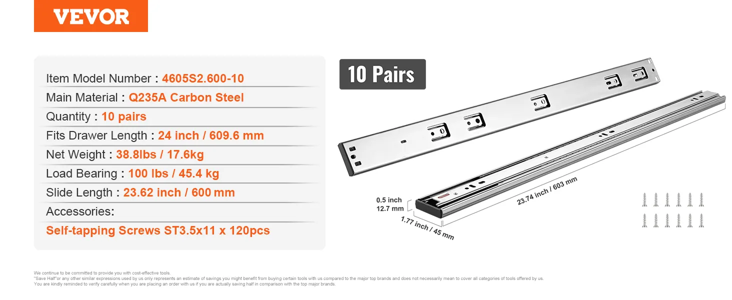VEVOR drawer slides, 10 pairs, carbon steel, 24 inch, 100 lbs load capacity, self-tapping screws included.