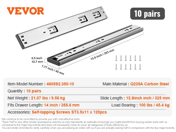 VEVOR drawer slides, 10 pairs, 14-inch, q235a carbon steel, 100 lbs load bearing, with self-tapping screws.