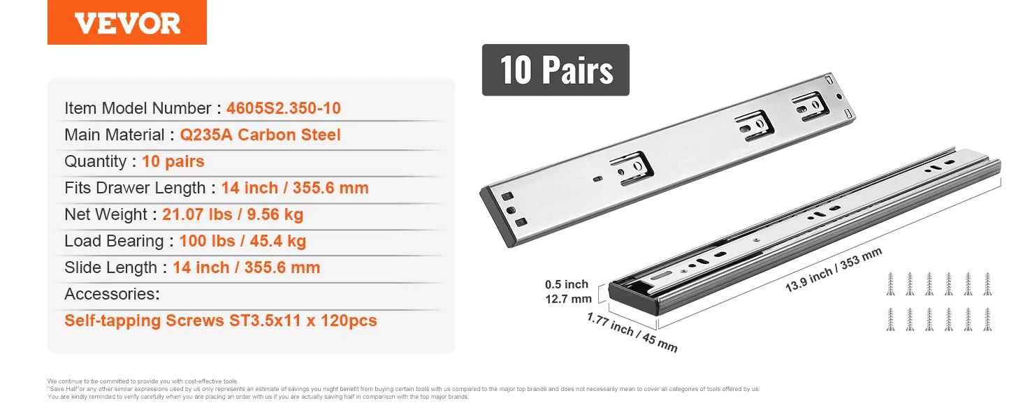 VEVOR drawer slides, 10 pairs, 14-inch, q235a carbon steel, 100 lbs load bearing, with self-tapping screws.