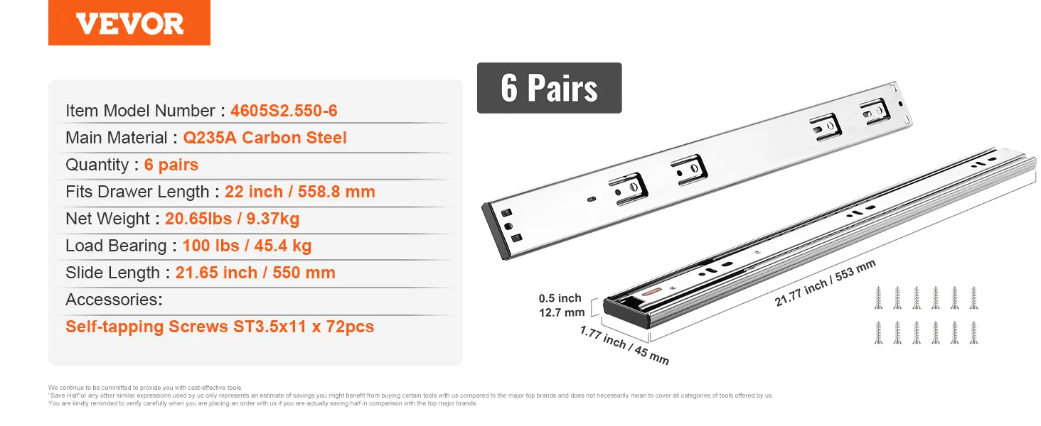 VEVOR drawer slides 22 inch, q235a carbon steel, 6 pairs, 100 lbs load, 21.65 inch slide length, screws included.