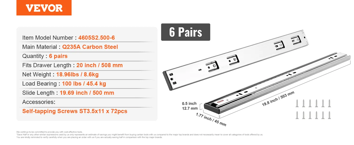 VEVOR drawer slides, q235a carbon steel, 6 pairs, 20-inch, 100 lbs load, includes screws.