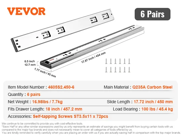VEVOR drawer slides 6 pairs, q235a carbon steel, load bearing 100 lbs, self-tapping screws included.