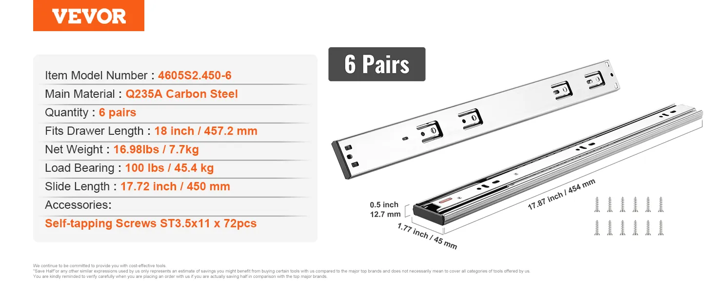 VEVOR drawer slides 6 pairs, q235a carbon steel, load bearing 100 lbs, self-tapping screws included.