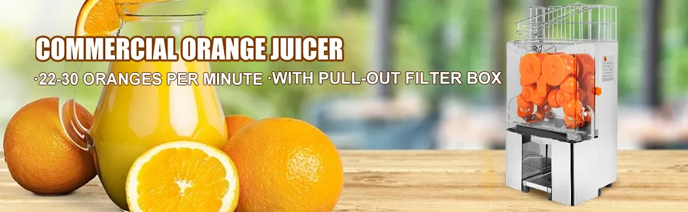 Exprimidor comercial VEVOR sobre mesa de madera con naranjas y jarra de jugo.