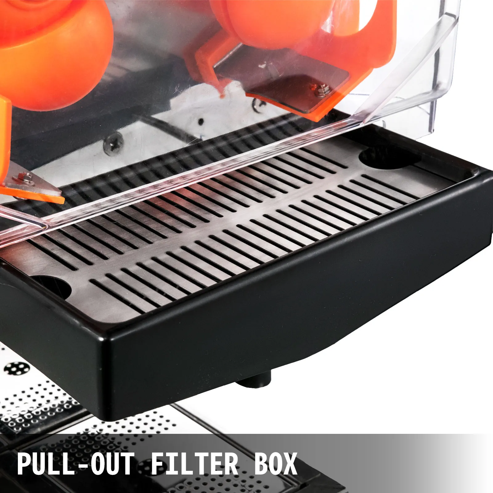 Exprimidor comercial VEVOR con caja de filtro extraíble y bandeja de acero inoxidable.