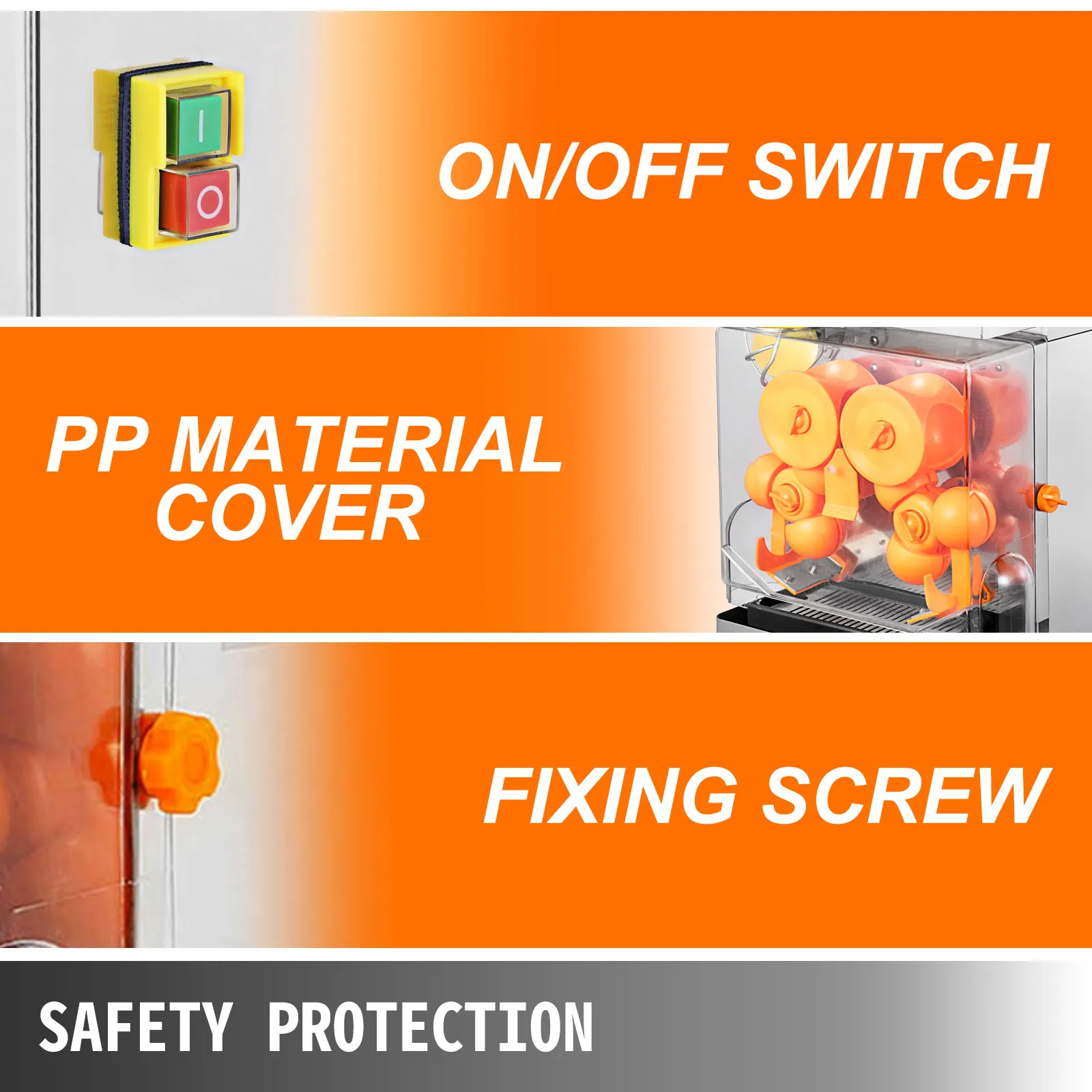 El exprimidor comercial VEVOR cuenta con un interruptor de encendido/apagado, una cubierta de material pp y un tornillo de fijación.