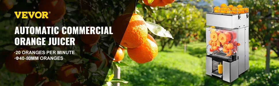 Exprimidor comercial VEVOR en un huerto de naranjos con frutas y máquina de acero inoxidable.