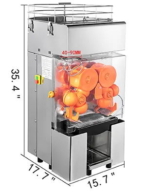 Exprimidor comercial VEVOR, acero inoxidable, dimensiones marcadas, mecanismo exprimidor de naranja.