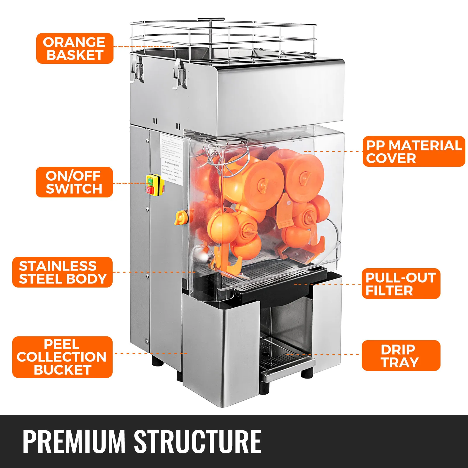 Exprimidor comercial VEVOR con cuerpo de acero inoxidable, cesta naranja y filtro extraíble.