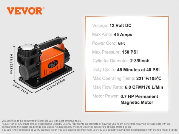 VEVOR 12v air compressor features a 0.7 hp motor, 20ft hose, and a max pressure of 150 psi.