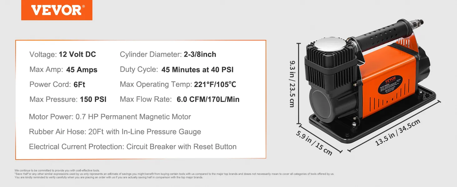 VEVOR 12v air compressor features a 0.7 hp motor, 20ft hose, and a max pressure of 150 psi.