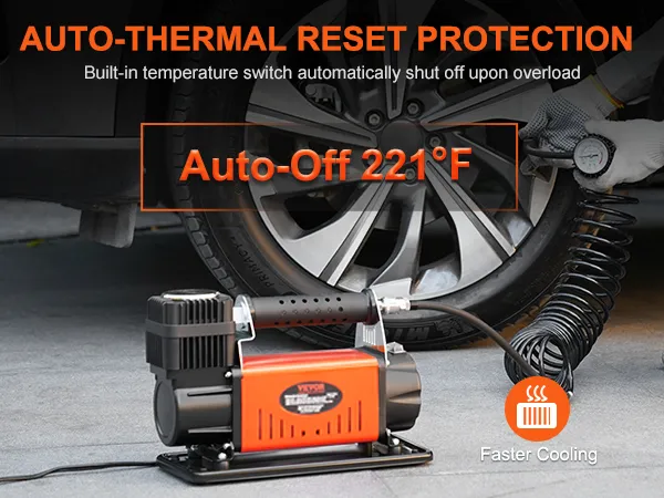 VEVOR 12v air compressor with auto-thermal reset protection near a car tire, displaying auto-off at 221°f.