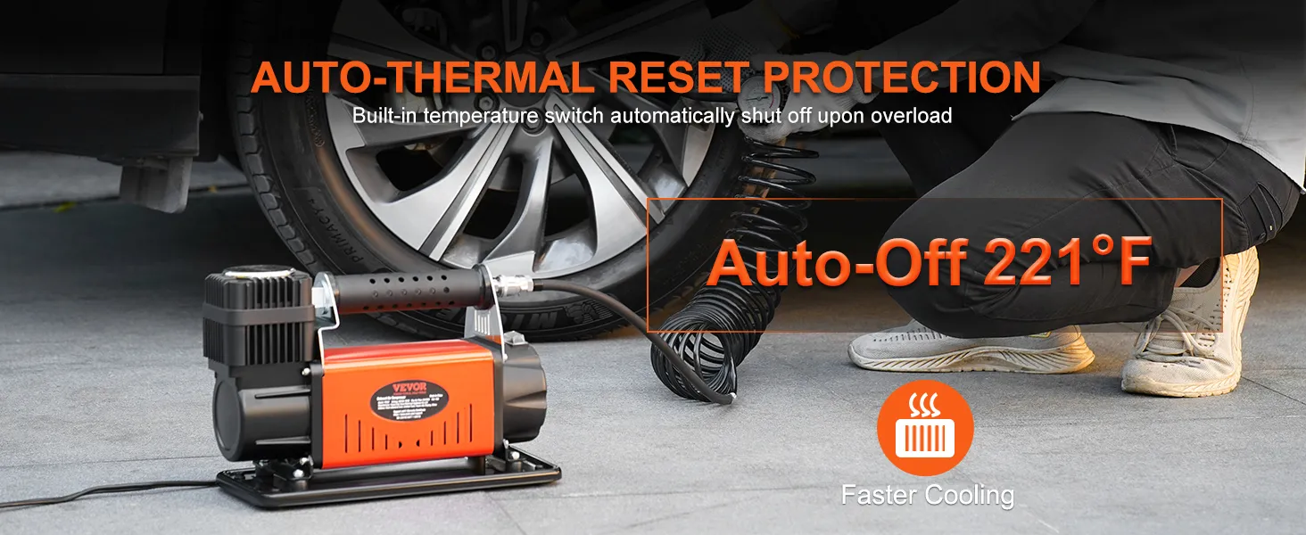 VEVOR 12v air compressor with auto-thermal reset protection near a car tire, displaying auto-off at 221°f.