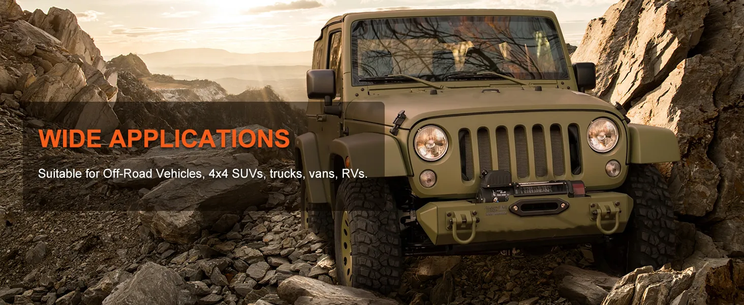 off-road vehicle on rocky terrain highlighting wide applications for the VEVOR 12v air compressor.