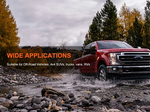 red truck drives through rocky stream with text highlighting wide applications for VEVOR 12v air compressor.